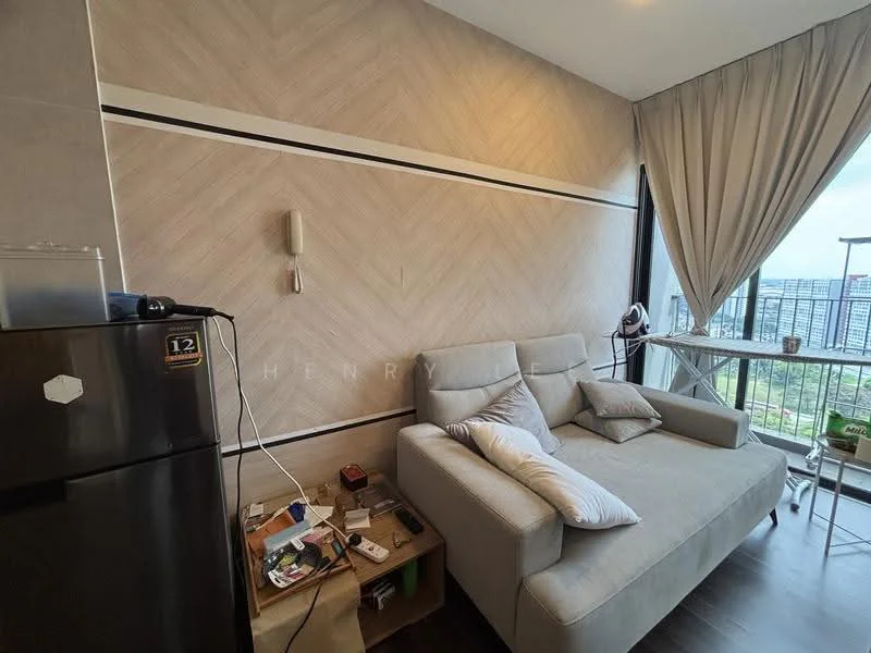 Living features: light grey fabric sofa, wooden coffee table, black refrigerator, herringbone patterned accent wall, floor-to-ceiling windows, curtains, decorative items on table, city view; style: modern; view: city.