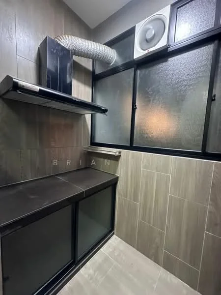 Laundry features: grey tiled walls, light grey tiled flooring, black countertop, black cabinetry, exhaust fan, large window with black frame, glass window, ventilation duct; style: modern.