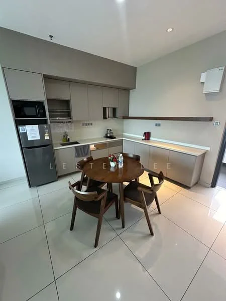 Kitchen features: grey cabinetry, white countertop, stainless-steel fridge, built-in oven, freestanding range oven, single-bowl stainless-steel sink, chrome pull-down faucet, 4-burner gas hob, dining table with four chairs, tile flooring, recessed downlights, wall-mounted air conditioning unit; style: modern.