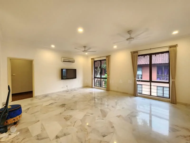 Living features: marble flooring, white painted walls, 2 ceiling fans, 1 wall-mounted split AC, floor-to-ceiling windows, sliding glass door, curtains, TV console, decorative wall with wooden accents; style: modern; view: garden.