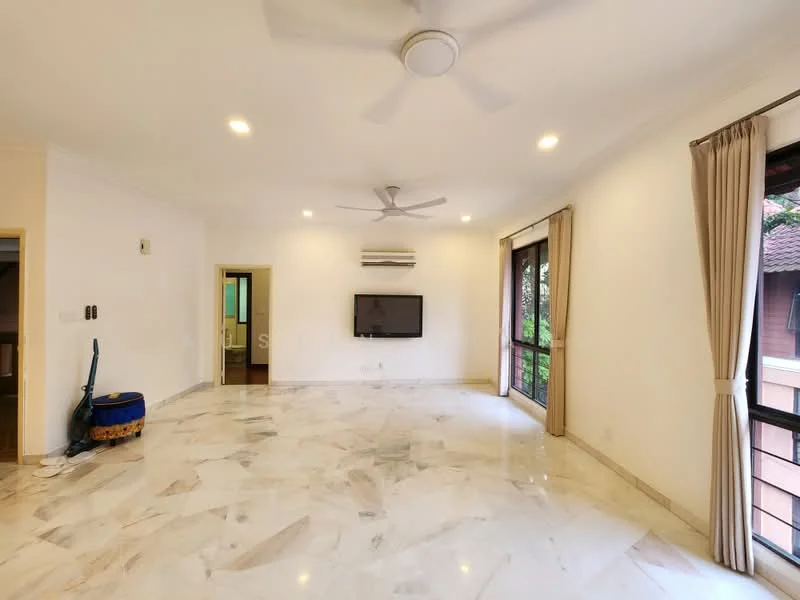 Living features: marble flooring, white painted walls, 5-blade ceiling fan with light, wall-mounted TV, floor-to-ceiling windows, curtains, air conditioning unit, sliding glass door; style: modern; view: garden.