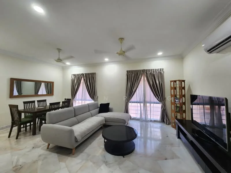 Living features: 3-seater fabric sofa in light grey, L-shape sectional sofa, black round coffee table, wall-mounted TV, TV console, 2 ceiling fans, marble flooring, white painted walls, curtains in grey, decorative wooden shelving unit, framed mirror, dining table with 6 chairs; style: modern.