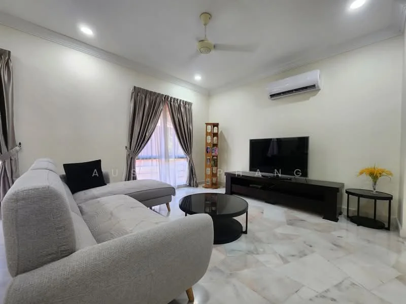 Living features: 3-seater fabric sofa in light grey, round coffee table with black top, wall-mounted TV, TV console in dark wood, floor-to-ceiling windows with sheer curtains, ceiling fan with light, marble flooring, decorative flower arrangement in vase, light-colored painted walls, recessed downlights; style: modern.