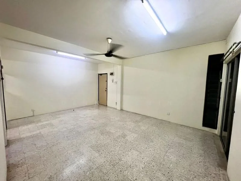 Living features: white painted walls, polished concrete flooring, ceiling fan, sliding glass door, floor-to-ceiling windows, LED strip lighting.