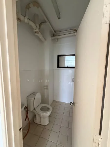 Bathroom features: white tiled walls, white floor tiles, one-piece toilet, small window, exposed plumbing, light fixture on ceiling.