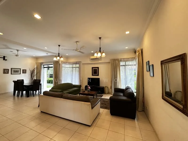 Living features: cream painted walls, white ceiling with recessed downlights, floor-to-ceiling windows, sliding glass door, 5-blade ceiling fan, 3-seater fabric sofa in beige, 2-seater leather sofa in dark brown, coffee table, TV console, wall-mounted TV, area rug, decorative mirror, curtains, tile flooring; style: contemporary; view: garden. Dining features: 6-seater dining table, upholstered dining chairs, decorative vase, tile flooring; style: contemporary; view: garden.