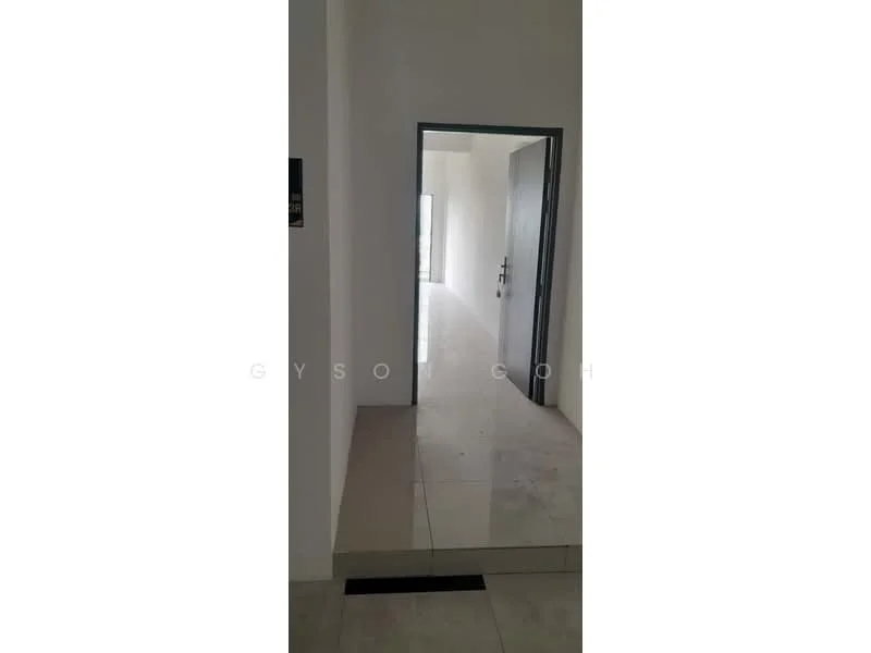 Room features: white painted walls, tile flooring, doorway, natural light from windows, neutral color scheme; style: modern.