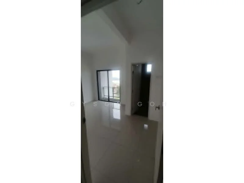 Room features: white painted walls, glossy tile flooring, floor-to-ceiling windows, sliding glass door, balcony access, high ceiling, natural light, neutral color scheme; style: modern; view: city.