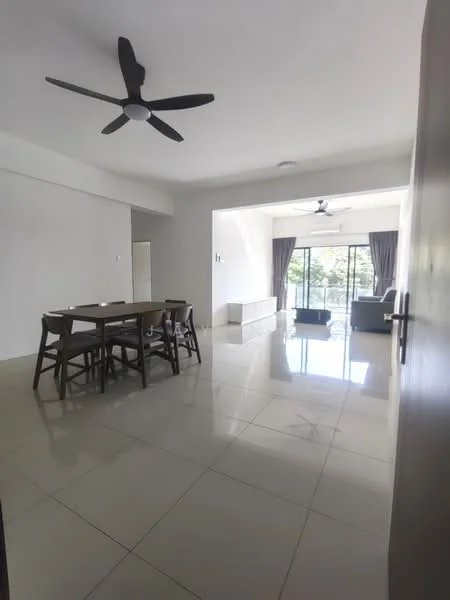 Living features: large sliding glass door, floor-to-ceiling windows, 5-blade ceiling fan, recessed downlights, light-coloured walls, glossy tile flooring, sofa, coffee table, TV console, curtains, decorative plants; style: modern; view: garden. Dining features: 6-seater dining table, wooden dining chairs, open layout, glossy tile flooring, light-coloured walls; style: modern.