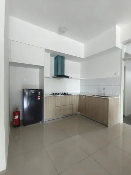Kitchen features: white painted walls, light grey tiled flooring, wood cabinetry, stainless-steel sink, chrome pull-down faucet, built-in gas hob, stainless-steel range hood, black fridge, fire extinguisher, white backsplash tiles; style: modern.