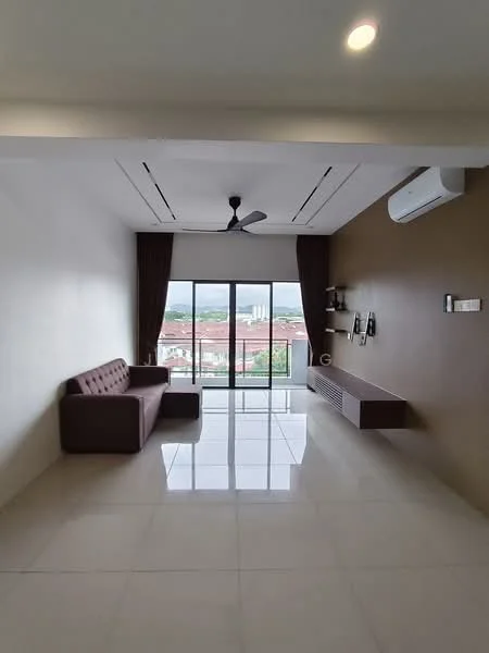 Living features: brown leather sofa, floor-to-ceiling windows, white walls, cream tiled flooring, ceiling fan, wall-mounted air conditioning unit, curtains, wall-mounted shelves, view of city skyline; style: modern; view: city.