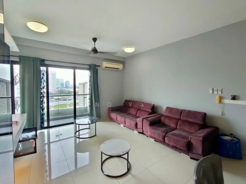 Living features: 3-seater fabric sofa in burgundy, 2 coffee tables with glass tops, floor-to-ceiling windows, sliding glass door, curtains in light green, wall-mounted air conditioning unit, ceiling fan, light fixtures in ceiling, glossy tile flooring, neutral grey painted walls; style: modern; view: city.