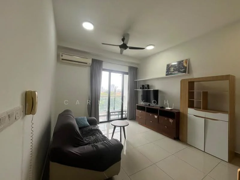 Living features: 3-seater fabric sofa in dark grey, ceiling fan with light, wall-mounted TV, TV console with storage, coffee table, floor-to-ceiling windows, curtains, air conditioning unit, tile flooring, neutral painted walls; style: modern; view: garden.