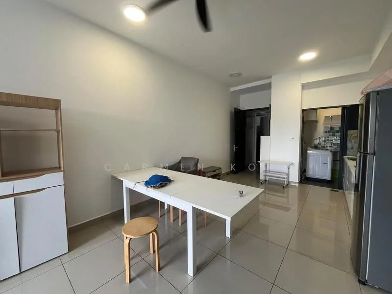 Dining features: white dining table, wooden dining chair, grey sofa, refrigerator, built-in kitchen cabinets, ceramic tile flooring, white painted walls, ceiling light, ceiling fan; style: modern.