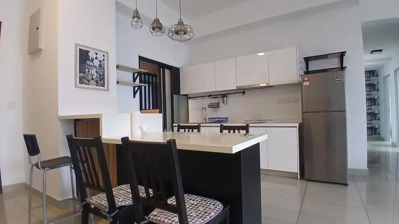 Kitchen features: white cabinetry, marble countertop, stainless-steel fridge, built-in oven, 4-burner gas hob, single-bowl stainless-steel sink, chrome pull-down faucet, pendant lighting, tile flooring, open layout, kitchen island with seating; style: modern.