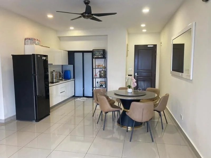 Kitchen features: black fridge, white cabinetry, stainless-steel sink, chrome pull-down faucet, built-in oven, freestanding range oven, ceramic tile flooring, recessed downlights; style: modern. Dining features: round dining table, upholstered dining chairs, pendant light, wall-mounted mirror, ceramic tile flooring; style: modern.