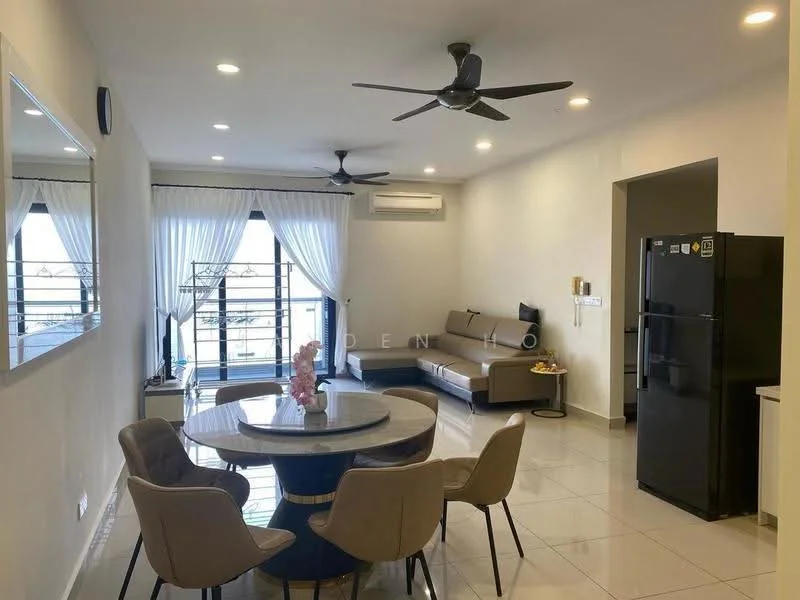 Living features: grey L-shape sectional sofa, round dining table, 4 upholstered dining chairs, wall-mounted TV, floor-to-ceiling windows, sheer curtains, 2 ceiling fans, recessed LED downlights, white painted walls, glossy tile flooring, black refrigerator; style: modern; view: city.