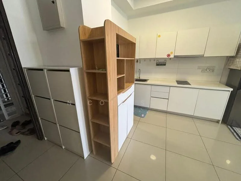 Kitchen features: white cabinetry, wooden open shelving unit, stainless-steel sink, chrome faucet, white countertop, built-in stove, ceramic tile flooring, recessed downlights, wall-mounted cabinets, grey backsplash, kitchen island, appliances visible, floor-to-ceiling windows, neutral wall colour; style: modern.