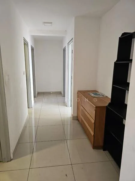 Hallway features: white painted walls, glossy ceramic tile flooring, recessed ceiling lights, wooden chest of drawers, black open shelving unit, multiple doorways, neutral color scheme; style: modern.