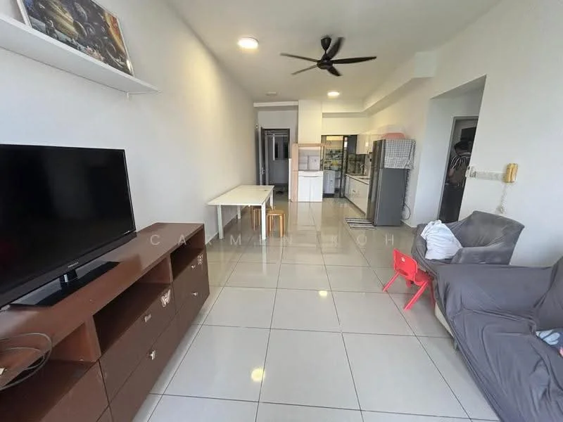 Living features: large flat-screen TV on console, brown wooden TV console, grey fabric sofa, red plastic chair, white dining table, ceiling fan, recessed ceiling lights, glossy white tile flooring, open layout, kitchen area visible in background; style: modern.