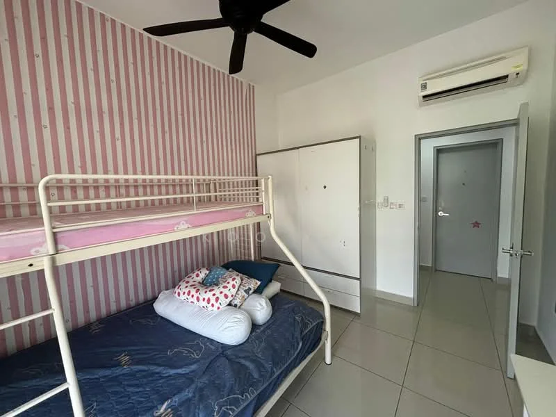 Bedroom features: bunk bed with pink bedding, single bed with blue bedding, white wardrobe, grey walls with pink striped accent wall, white tiled flooring, ceiling fan, wall-mounted split AC, door to hallway; style: modern.