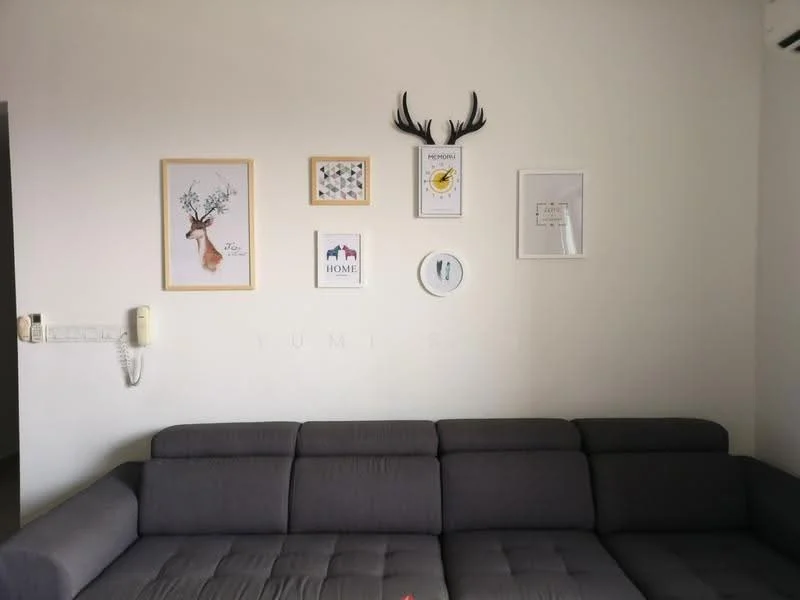 Living features: grey fabric sofa, framed artwork, decorative antlers on wall, white painted walls, wall clock, telephone on wall, light switch, decorative prints; style: modern.