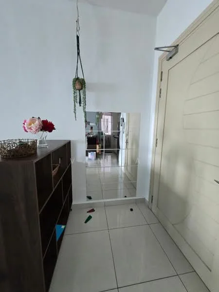 Room features: white painted walls, glossy tile flooring, full-length mirror, wooden shelving unit, hanging planter, decorative flowers, door with modern design, natural light from window; style: modern.