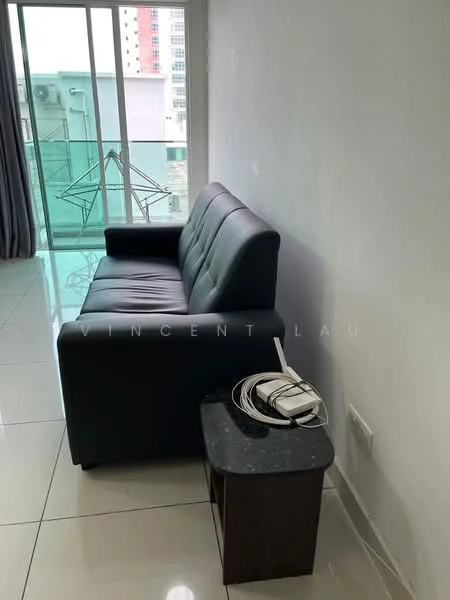 Living features: black leather sofa, marble coffee table, white painted walls, glossy tile flooring, floor-to-ceiling windows, curtains, visible balcony, air conditioning unit; style: modern; view: city.