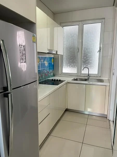 Kitchen features: stainless-steel fridge, white cabinetry, ceramic tile flooring, single-bowl stainless-steel sink, chrome pull-down faucet, built-in gas hob, blue tiled backsplash with floral pattern, window with frosted glass, countertop with integrated storage; style: modern.