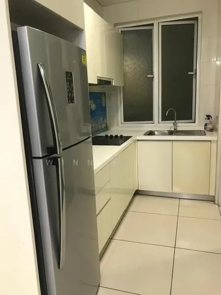 Kitchen features: white cabinetry, stainless-steel fridge, built-in oven, 4-burner gas hob, single-bowl stainless-steel sink, chrome pull-down faucet, white tiled backsplash, white tiled flooring, window with frosted glass, countertop with stainless-steel trim; style: modern.