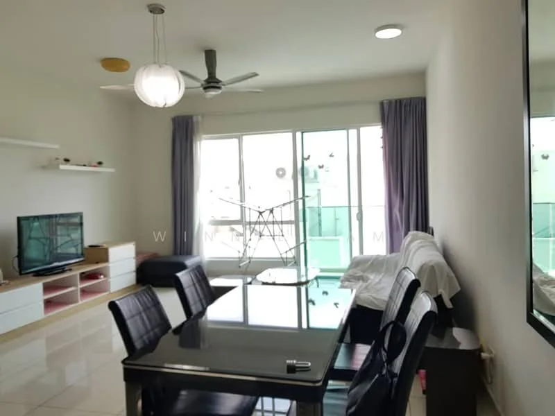 Living features: white painted walls, glossy tile flooring, 5-blade ceiling fan with light, floor-to-ceiling windows, sliding glass door, sheer curtains, black dining table, 4 black dining chairs, TV console, wall-mounted TV, sofa covered with white cloth, decorative mirror; style: modern.