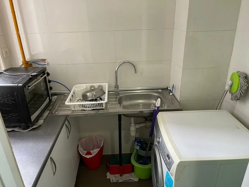 Laundry features: stainless-steel sink, chrome faucet, grey countertop, white cabinetry, built-in washing machine, dish rack, plastic waste bin, cleaning supplies, tiled walls, flooring, drying area; style: modern.