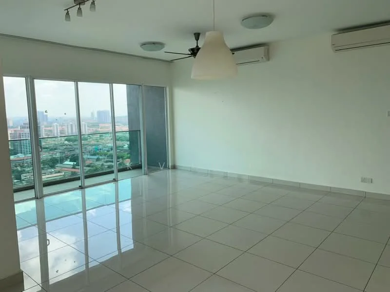 Living features: large floor-to-ceiling windows, sliding glass door, white painted walls, polished ceramic tile flooring, recessed downlights, ceiling fan, balcony with city view, air conditioning unit; style: modern; view: city.