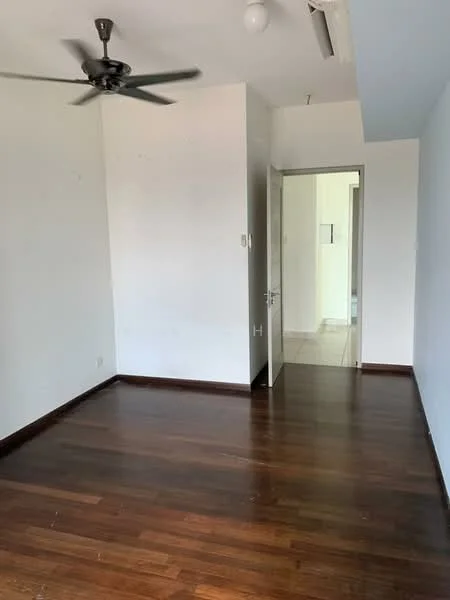 Room features: wooden flooring, white painted walls, ceiling fan, single door, light fixture, doorway leading to another room.