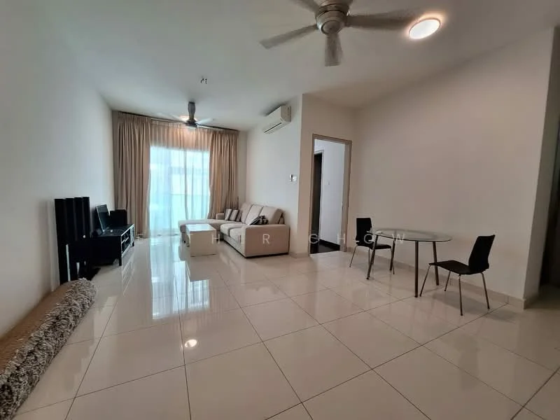 Living features: white painted walls, glossy ceramic tile flooring, 5-blade ceiling fan with light, sofa in beige, coffee table, TV console, wall-mounted TV, area rug, dining table with glass top, 2 black dining chairs, curtains, air conditioning unit; style: modern.