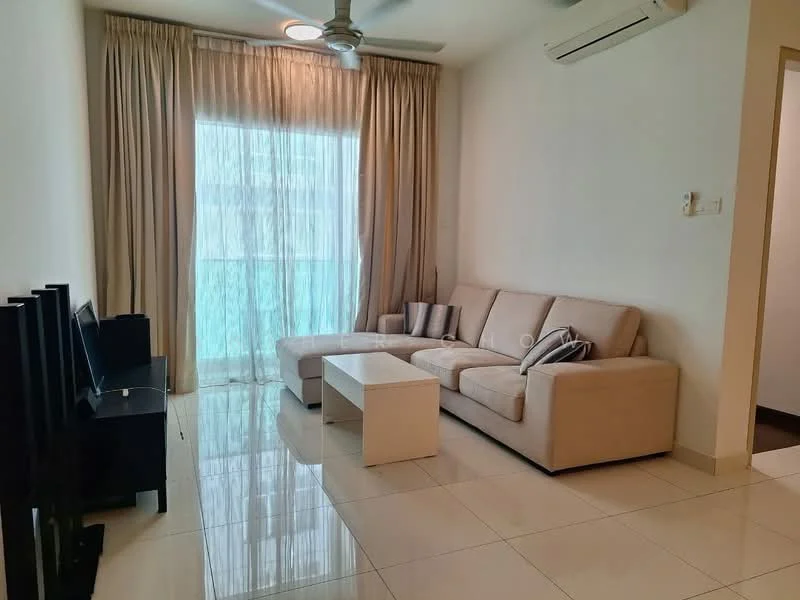 Living features: 3-seater fabric sofa in beige, coffee table, wall-mounted TV, TV console, floor-to-ceiling windows, sheer curtains, white painted walls, polished tile flooring, ceiling fan, recessed downlights; style: modern.