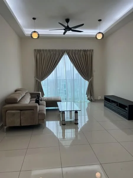 Living features: 3-seater fabric sofa in beige, glass coffee table, TV console in dark wood, floor-to-ceiling windows, sheer curtains, drapes, polished ceramic tile flooring, 5-blade ceiling fan with light, recessed lighting, crown moulding; style: modern; view: city.