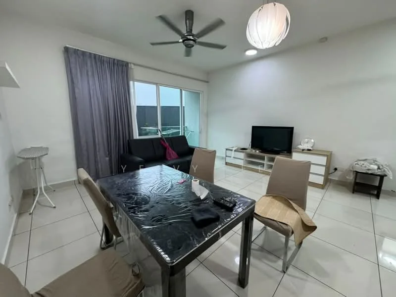 Living features: white painted walls, glossy tile flooring, 5-blade ceiling fan with light, large sliding glass door, floor-to-ceiling windows, black fabric sofa, TV console, wall-mounted TV, dining table with transparent top, 4 upholstered dining chairs, sheer curtains, decorative pendant light; style: modern.
