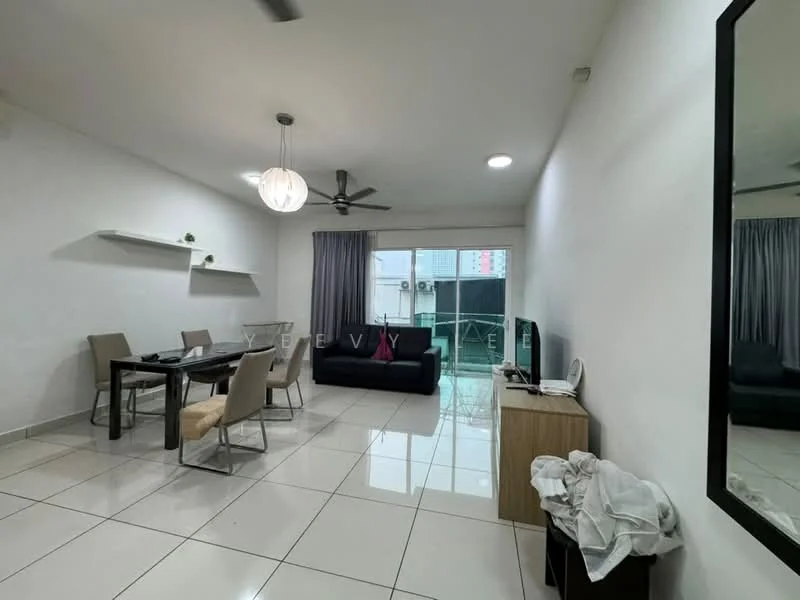 Living features: white painted walls, glossy tile flooring, 5-blade ceiling fan, recessed downlights, floor-to-ceiling windows, sliding glass door, grey fabric sofa, dining table with 4 chairs, TV console, wall-mounted TV, decorative mirror, shelf unit, curtains, area rug; style: modern; view: city.