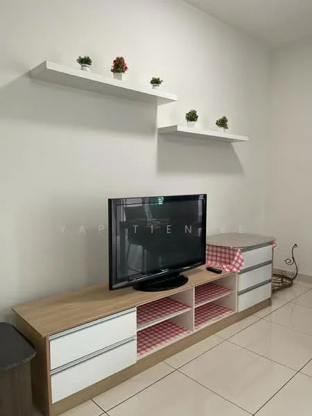 Living features: flat-screen TV, TV console with drawers, white cabinetry, wooden countertop, decorative plants on shelves, white walls, glossy tile flooring, checkered tablecloth on console; style: modern.