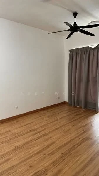 Room features: light wood laminate flooring, white painted walls, 5-blade ceiling fan, floor-to-ceiling window with grey curtains.