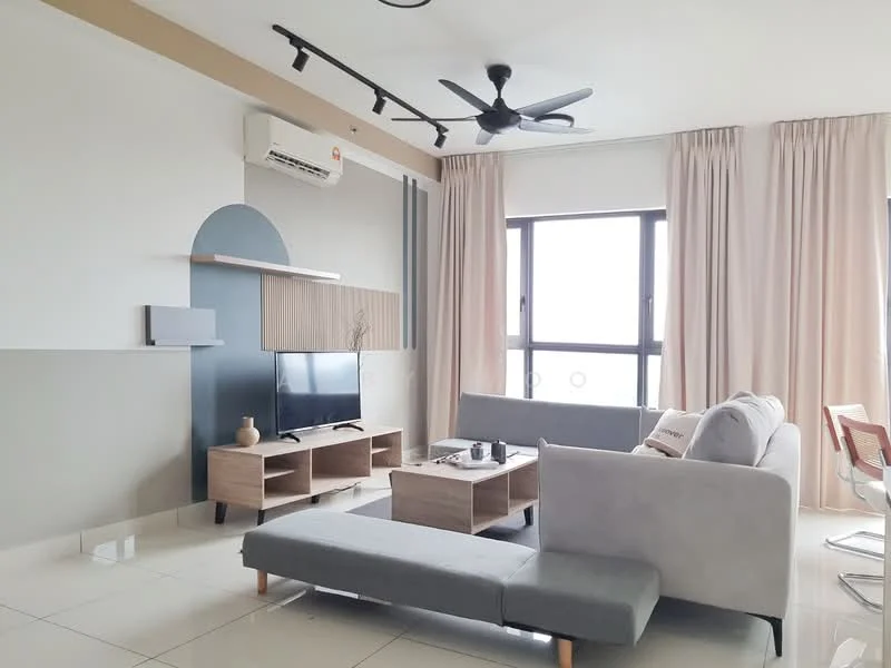 Living features: grey L-shape sectional sofa, wooden coffee table, TV console with wall-mounted TV, floor-to-ceiling windows, sheer curtains, cream painted walls, light grey accent wall, 5-blade ceiling fan with light, recessed downlights, decorative vase on coffee table, decorative items on TV console; style: modern; view: city.