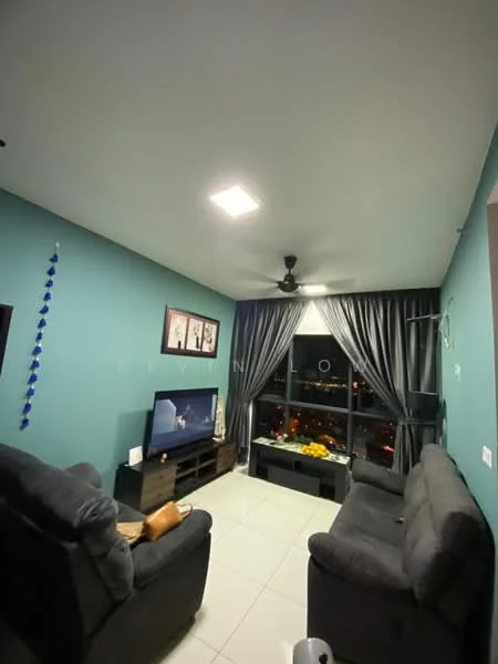 Living features: grey fabric 3-seater sofa, grey fabric 2-seater sofa, wall-mounted TV, TV console, white tiled flooring, blue painted walls, recessed ceiling lights, 5-blade ceiling fan, floor-to-ceiling windows, blackout curtains, decorative wall art, decorative plants on console; style: modern; view: city.