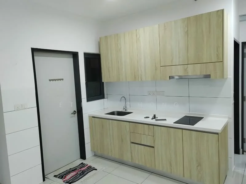 Kitchen features: wooden cabinetry with light oak finish, white countertop, single-bowl stainless-steel sink, chrome pull-down faucet, built-in induction hob, white tiled backsplash, grey tiled flooring, window above sink, door leading to another room, kitchen mat on floor; style: modern.