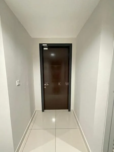 Room features: white painted walls, glossy tile flooring, dark wood door, modern door handle, light switch, recessed ceiling lighting; style: modern.