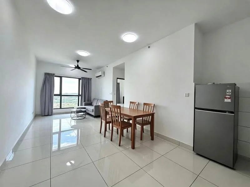 Living features: white painted walls, glossy ceramic tile flooring, 5-blade ceiling fan with light, floor-to-ceiling windows, grey curtains, grey sofa, wooden dining table with 4 chairs, stainless-steel fridge, coffee table, mountain view; style: modern; view: mountain.
