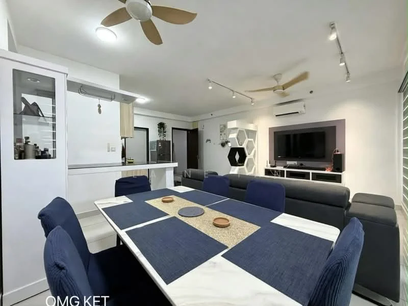 Living features: 3-seater fabric sofa in grey, 2-seater fabric sofa in grey, marble-top dining table, upholstered dining chairs in blue, wall-mounted TV, TV console in white, ceiling fan with light, recessed LED downlights, decorative wall panel with hexagonal design, open shelving unit, sliding glass door, white painted walls, light-colored flooring; style: modern.