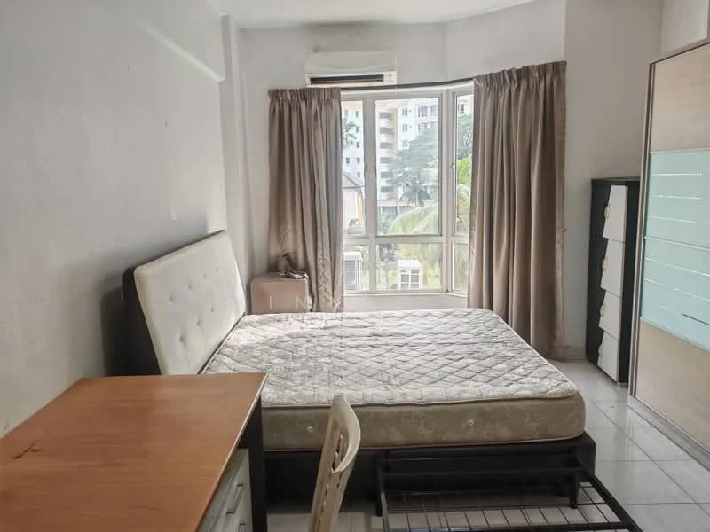 Bedroom features: queen-size bed, upholstered headboard, wooden bedside table, desk with chair, built-in wardrobe with sliding doors, floor-to-ceiling windows, curtains, air conditioning unit, tile flooring; view: garden.