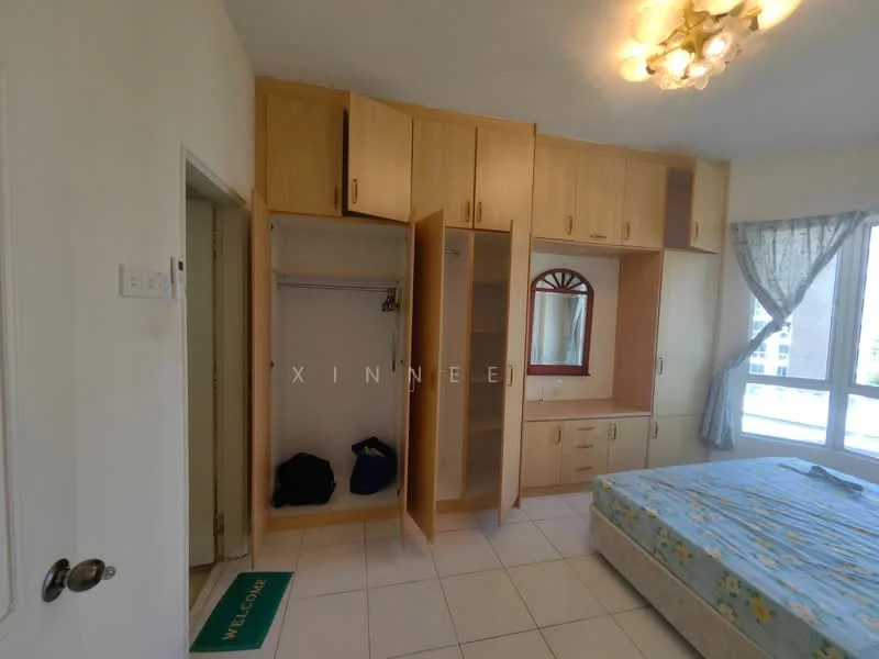 Bedroom features: queen-size bed with floral bedding, built-in wardrobe with sliding doors, mirror on wardrobe, white tiled flooring, large window with sheer curtains, ceiling light fixture, decorative wall mirror, wall-mounted shelf, area rug, door leading to hallway; style: modern; view: city.