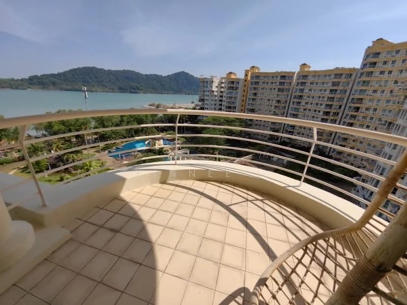 Balcony features: tile flooring, metal railing, view of the sea, view of the pool, view of the landscape, outdoor seating area, sunny exposure; style: modern; view: sea.